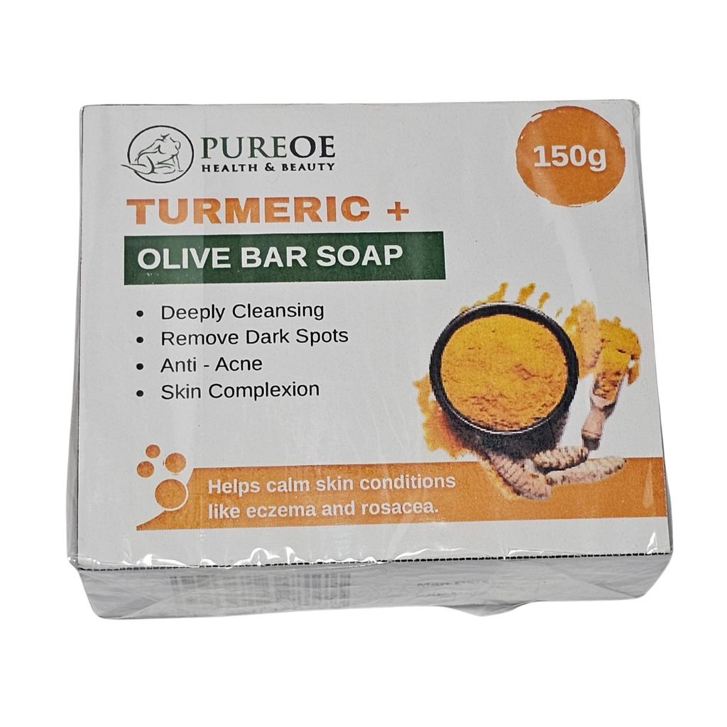 PUREOE Turmeric + Olive Bar Soap packaging on a white background